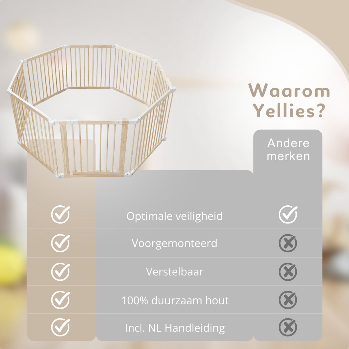 Yellies Grondbox - Babybox - Inklapbare Speelbox - Kinderbox - Playpen Baby - Voorgemonteerd - 130 x 130 x 65 cm - Incl. NL Handleiding - Naturel Hout – foto 7