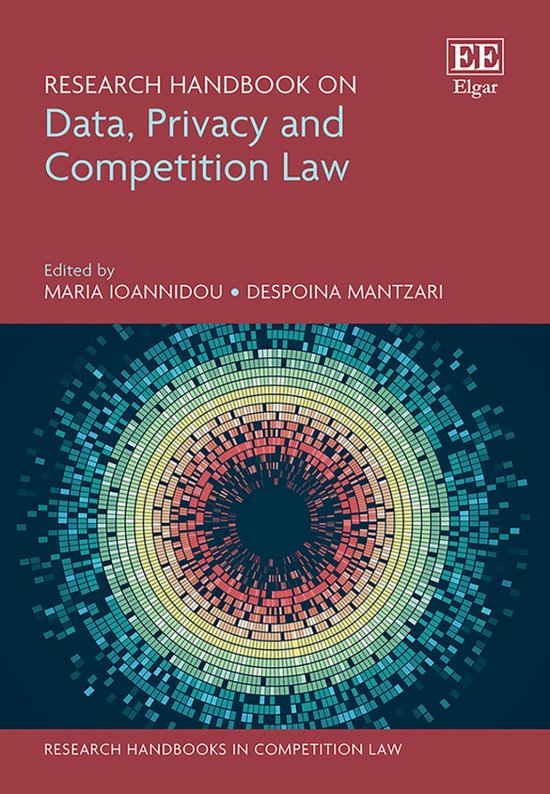 Boekomslag 'Research Handbook on Data, Privacy and Competition Law' met een abstracte, kleurrijke cirkelvormige illustratie.