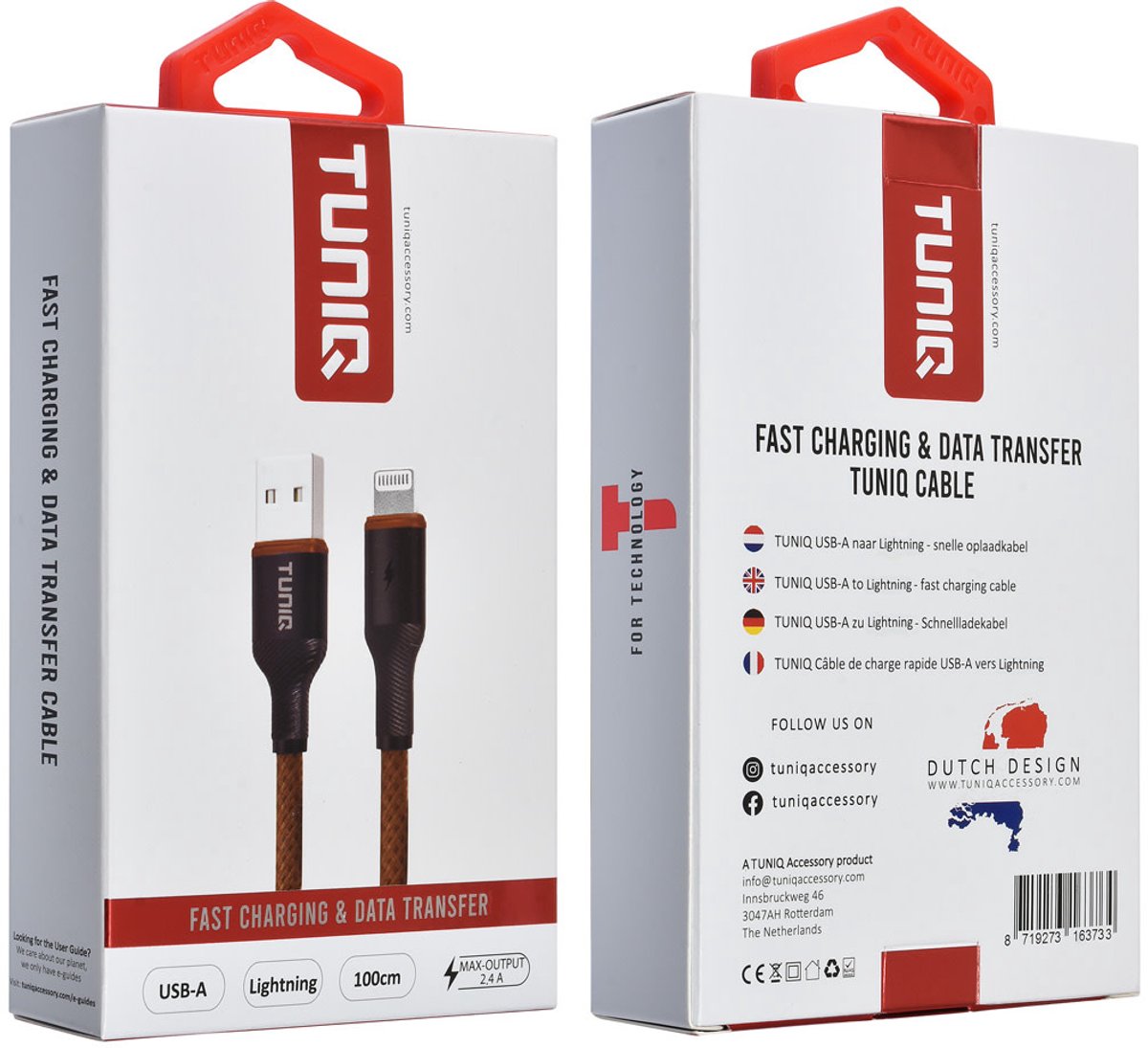 TUNIQ USB-A naar USB-C Kabel 100cm - Snelle oplaadkabel - Bruin