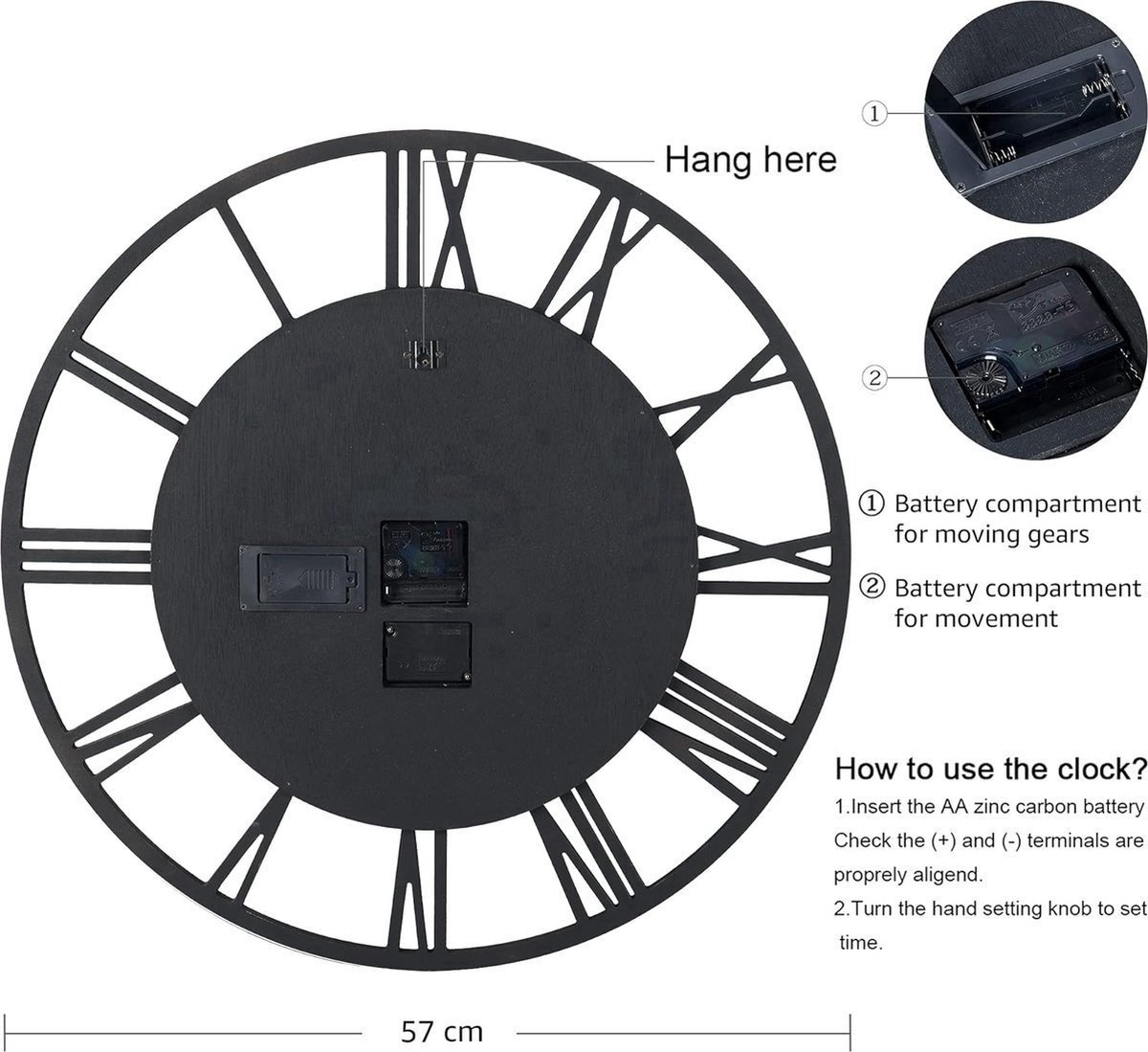 QPFO® Grote industriële houten wandklok met draaiende tandwielen ronde muurklok 57 cm met Romeinse cijfers zwart — cadeau in Wonen & Interieur - foto 2