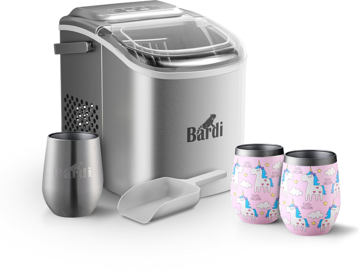 Bardi Deluxe IJsblokjesmachine Set 1,2 Liter RVS - 12KG IJsblokjes in 24 uur - met IJsschep - Inclusief 3 Luxe Thermosbekers en Ijsschep - Eenhoorn