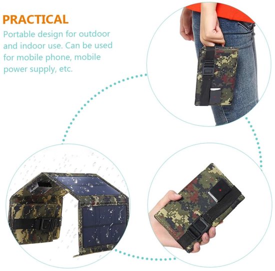 Gedetailleerde afbeeldingen van een opvouwbaar zonnepaneel met camouflageprint: rechtopstaand, gesloten, en gedragen aan een broek.