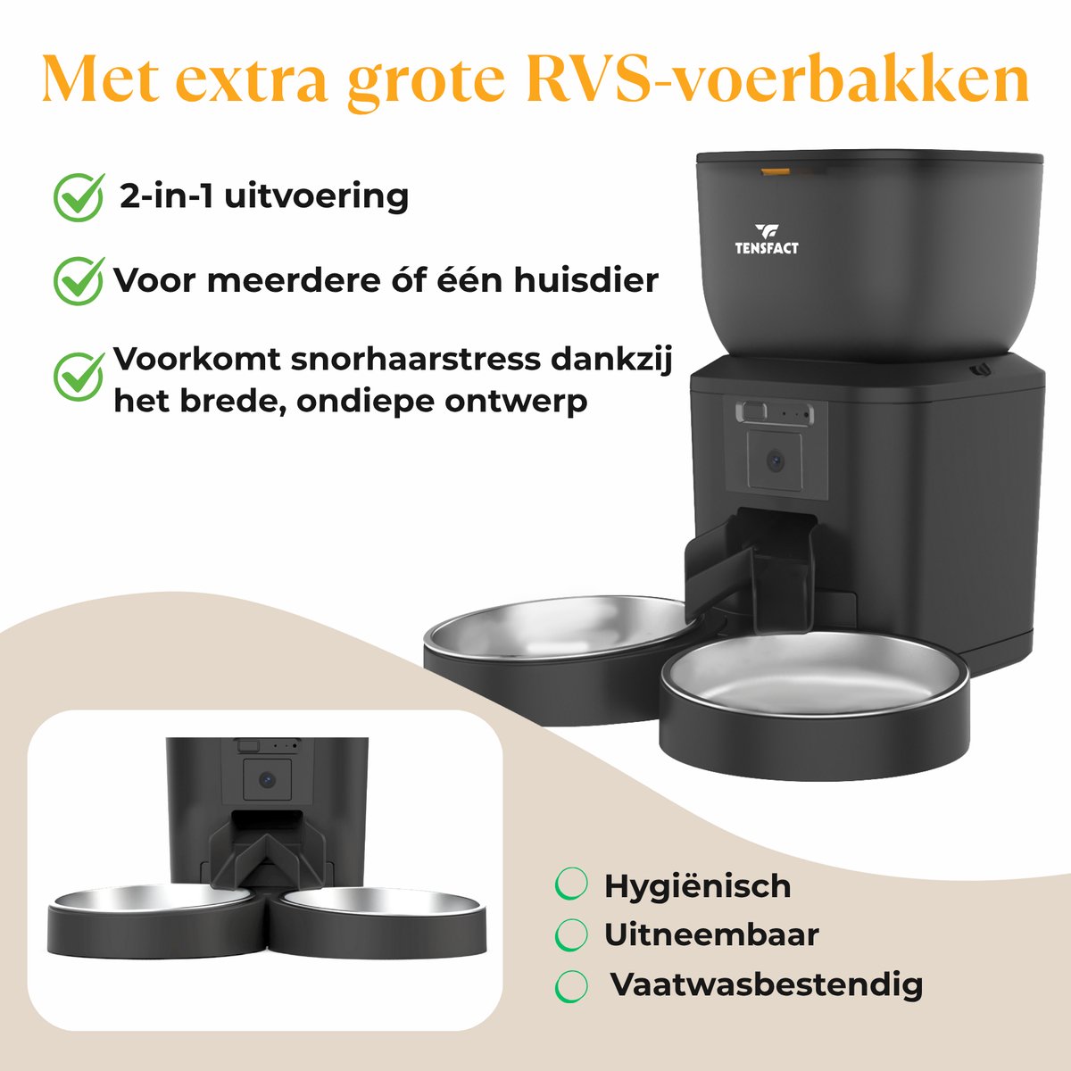 Afbeelding 2 van Tensfact Automatische Voerbak Kat Pro Duo - Voerautomaat Kat met Camera Night Vision - 2 in 1 Voerautomaat - Voerbak Kat - Zwart