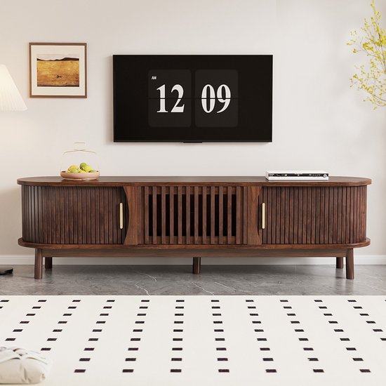 Pugsdrly 165 x 39,5 x 46 cm, meuble TV bas marron, meuble TV plat marron avec porte coulissante, avec porte abattante, adapté aux téléviseurs jusqu'à 65 pouces, avec pieds de support