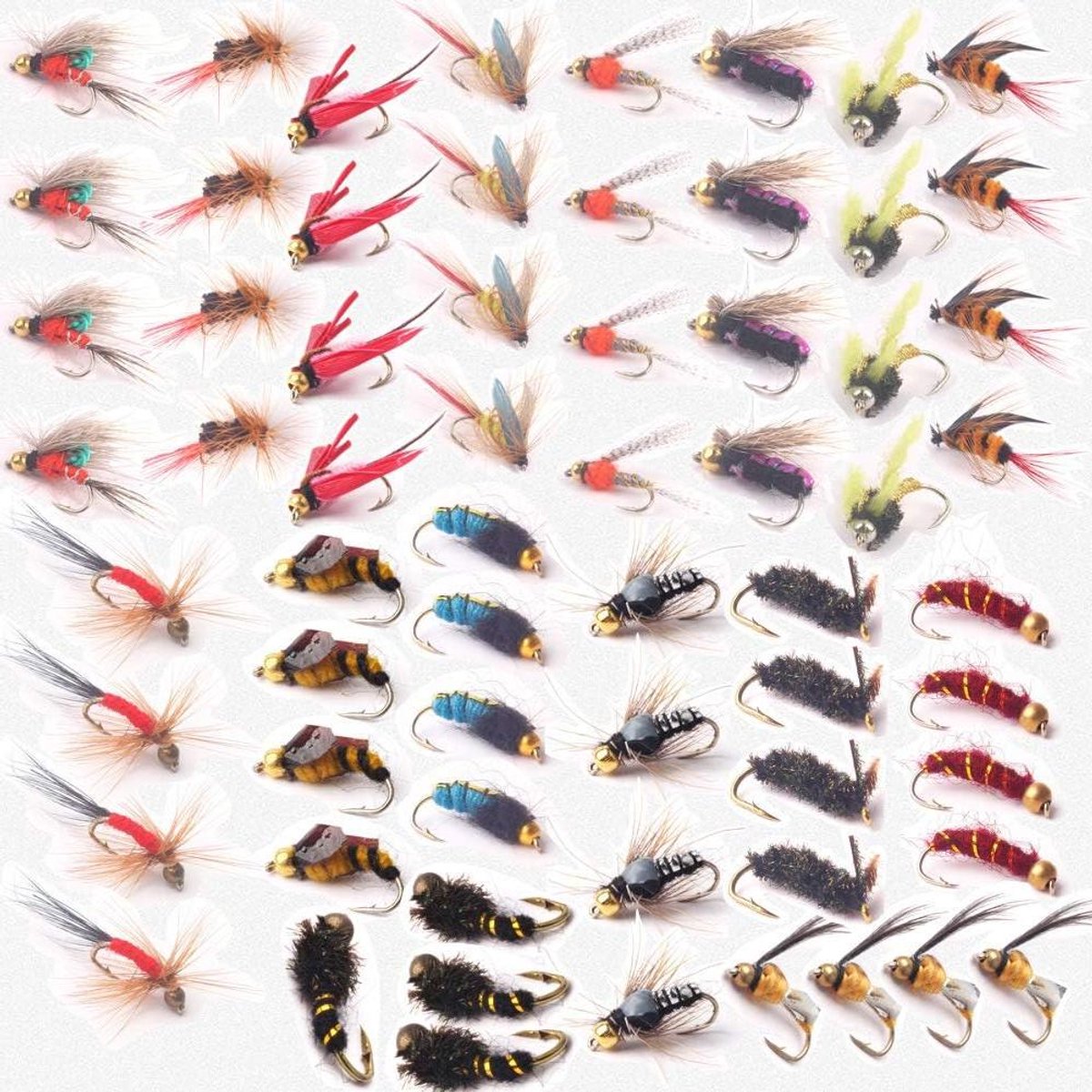 Allecto Premium - Vliegvishaken met vislokaas voor baars, zalm en forel - 64 stuks met visgerei doos