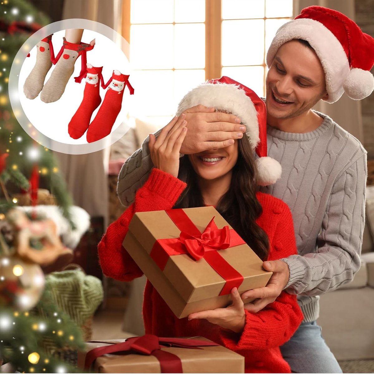 Kerst hand in hand sokken met magneet, trendy grappige cartoon 3D sokken cadeau voor vriendin, stel sokken, eland, beer - België
