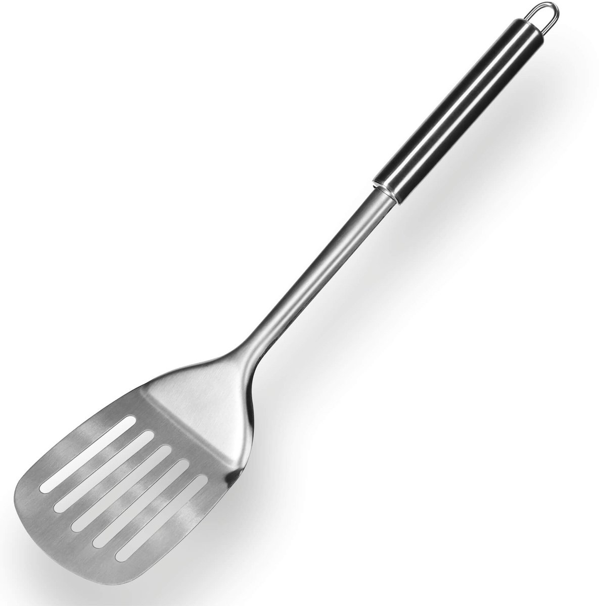 KADAX Roestvrijstalen spatel, keukenhulp, lengte: 35 cm, spatel, spatel met ergonomische handgreep en ophangoog, sleufspatel voor pan, eieren, vis, vlees