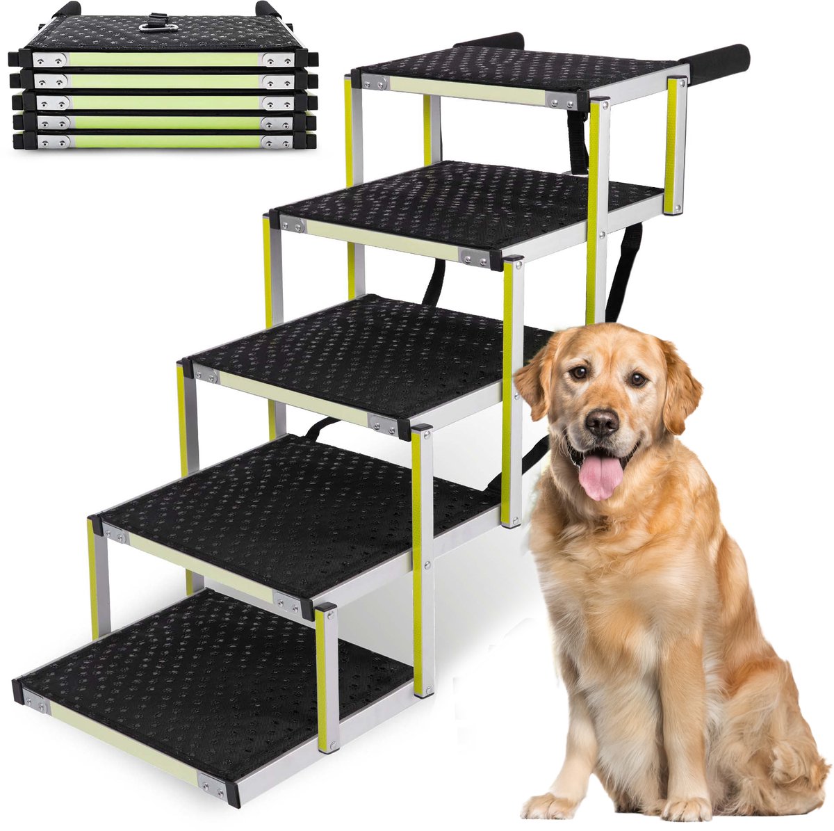 Hondentrap Auto voor grote en kleine honden PRIORPET - Reflecterend - 77KG Capaciteit - Opvouwbare Loopplank Hond bij stijve gewrichten - Geschikt voor Middenklasse Auto's & SUV - Antislip - 5 Treden