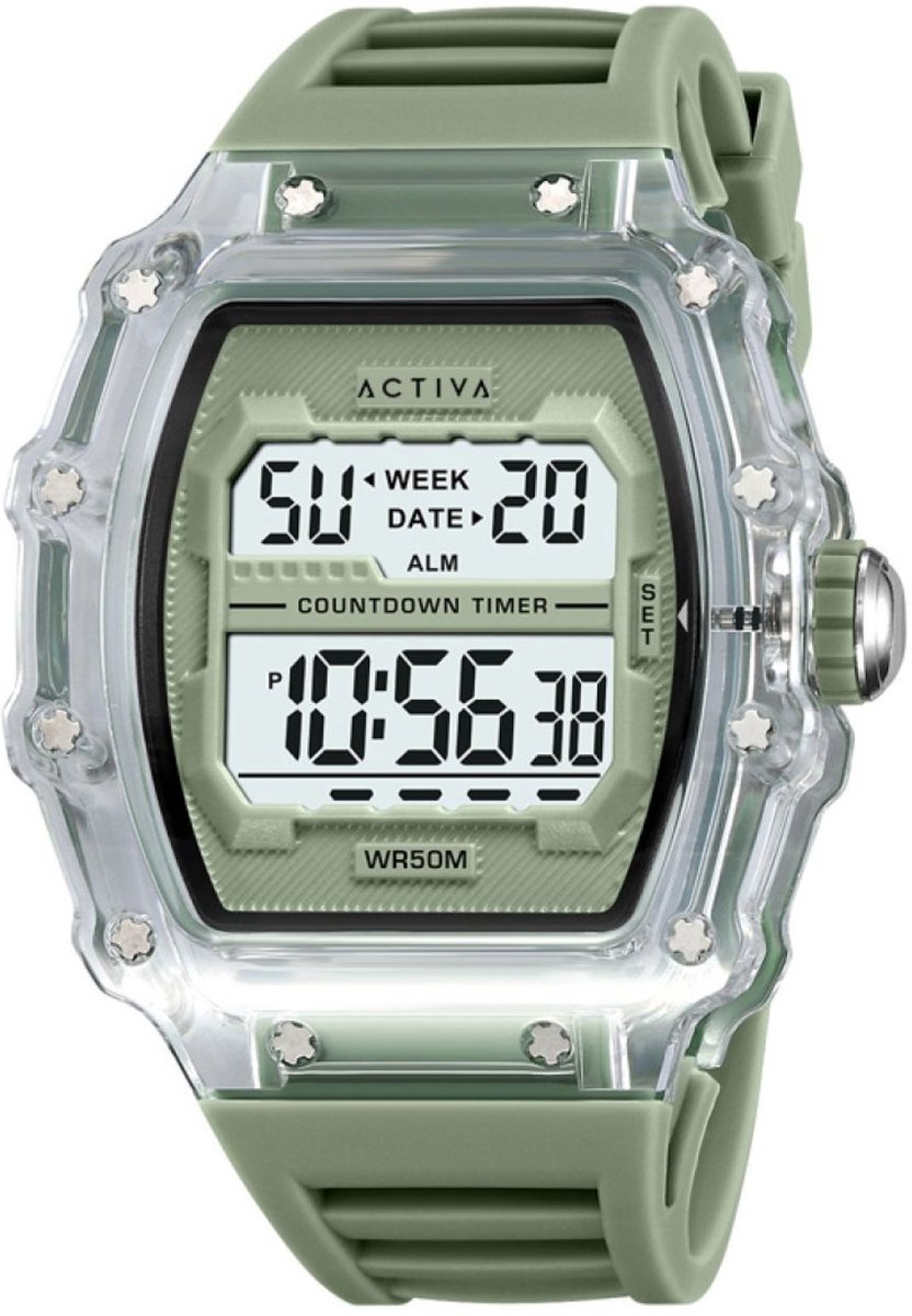 Activa X Invicta DIGITAL ESSENTIALS ACW2296-001 Heren Horloge - Waterdicht - Digitaal - Quartz Uurwerk - Plastic met groene Wijzerplaat - 44mm