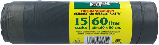 Rol grijze vuilniszakken van KOMO met een gele band. 15 zakken van 60 liter (60 x 80 cm), gemaakt van gerecycled plastic.