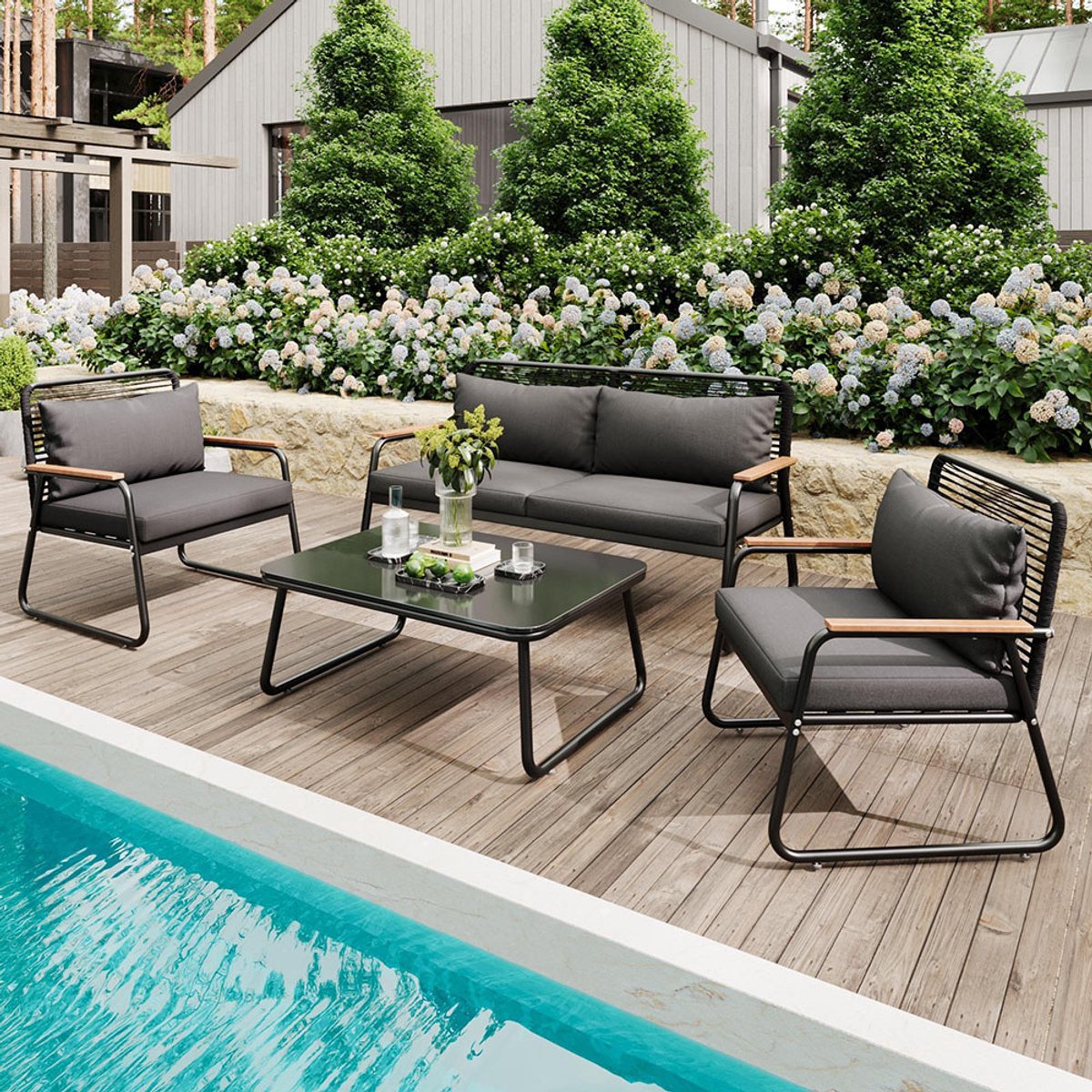 Pugsdrly Tuinsalon, bank-tafel set voor 4 personen met frame van gegalvaniseerd ijzer, tafelblad van gehard glas, verstelbare poten, inclusief alle zit- en rugkussens, zwart