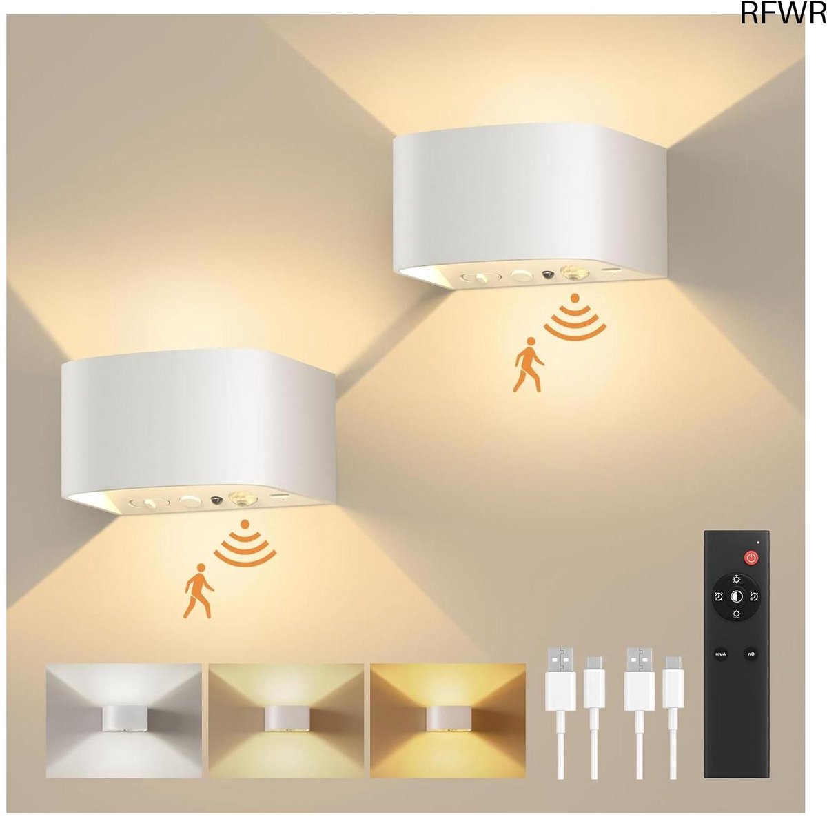 RFWR® Draadloze Wandlamp Set van 2 - Oplaadbaar met Bewegingssensor en Afstandsbediening voor Binnengebruik