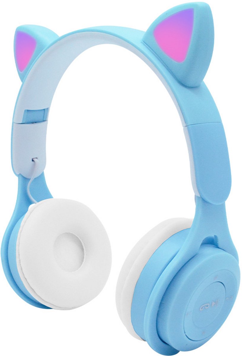 KINSI LED Kattenoren Koptelefoon - Draadloze Bluetooth Headset met Verlichte Oren - Voor Meisjes & Gaming,blauw