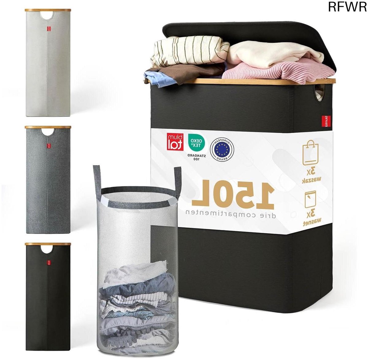 RFWR® Wasmand 150L met 3 Compartimenten en Deksel - Geschikt voor Wasgoed en Flessen