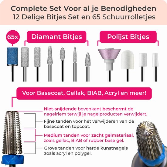 FOOCCA® Elektrische Nagelvijl - Nagelfrees 40000 RPM - Oplaadbaar - FOOCCA Portable - 12 Bitjes + 65 Schuurrolletjes + 3 Accessoires - Nagelstofkap - Manicure en Pedicure Set - Broekriemclip - Eeltverwijderaar - Kalknagels