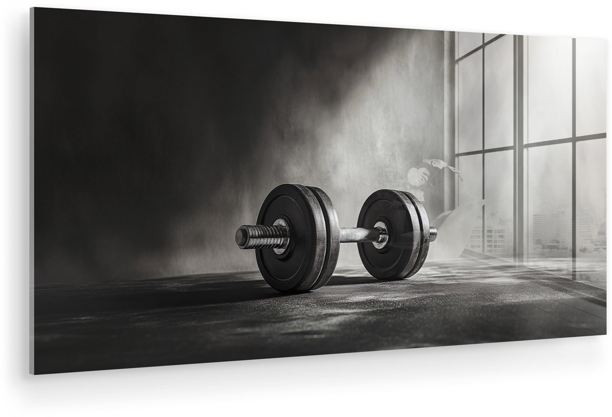 MuchoWow® Glasschilderij 40x20 cm - Schilderij acrylglas - Halter - Gewichten - Zwart - Foto op glas - Muurdecoratie woonkamer - Wanddecoratie slaapkamer - Schilderijen
