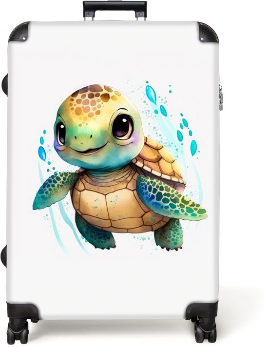Een witte koffer met een waterverfprint van een schattige, glimlachende schildpad met blauwe spetters.