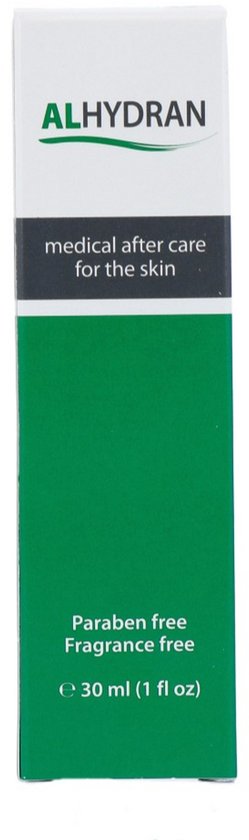 ALHYDRAN doosje. Groen met witte opdruk. Medische nazorg voor de huid. Parabenenvrij, geurvrij. 30 ml.