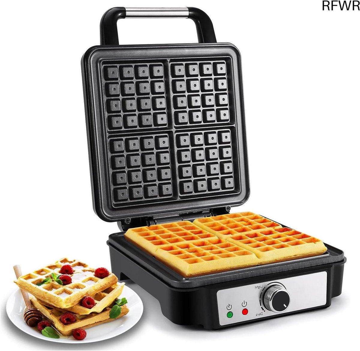 RFWR® Wafelmaker voor 4 Belgische Wafels - Instelbare Bruiningsknop - 1200W met Anti-aanbaklaag