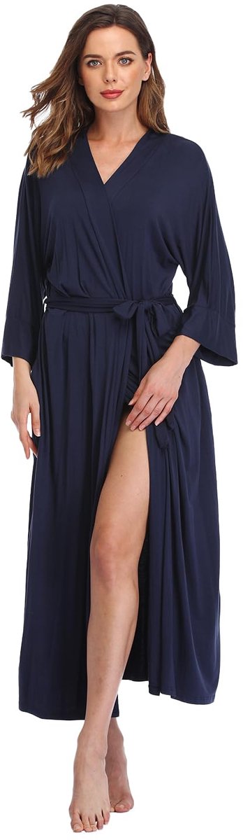 Lange Dames Kimono Badjas - Lichtgewicht, Sneldrogend en Sterk Absorberend - Voor de sauna, thuis en op reis - Blauw - Maat S
