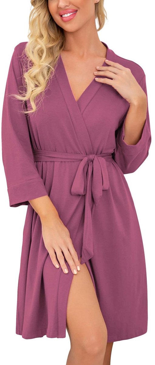 Dames Kimono Badjas - Lichtgewicht Kort Zacht Gebreid met V-hals - Lila Rood, XXL