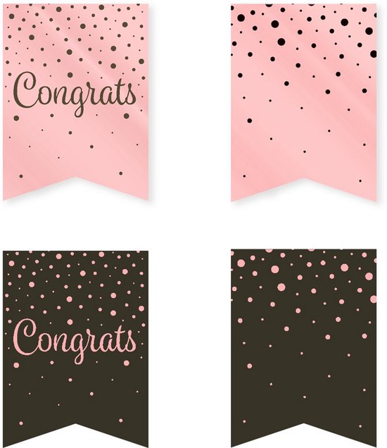 Vier vlaggetjes met 'Congrats' in kalligrafie, met roze en bruine stippen op roze en zwarte achtergronden.