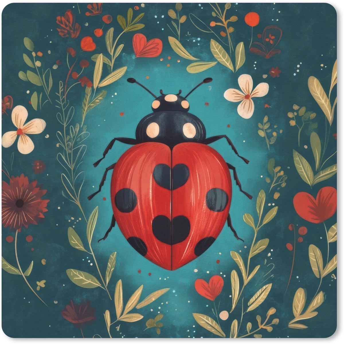 Muismat 30x30 cm - Mousepad Bloemen - Lieveheersbeestje - Hartje - Rood - Muismatten
