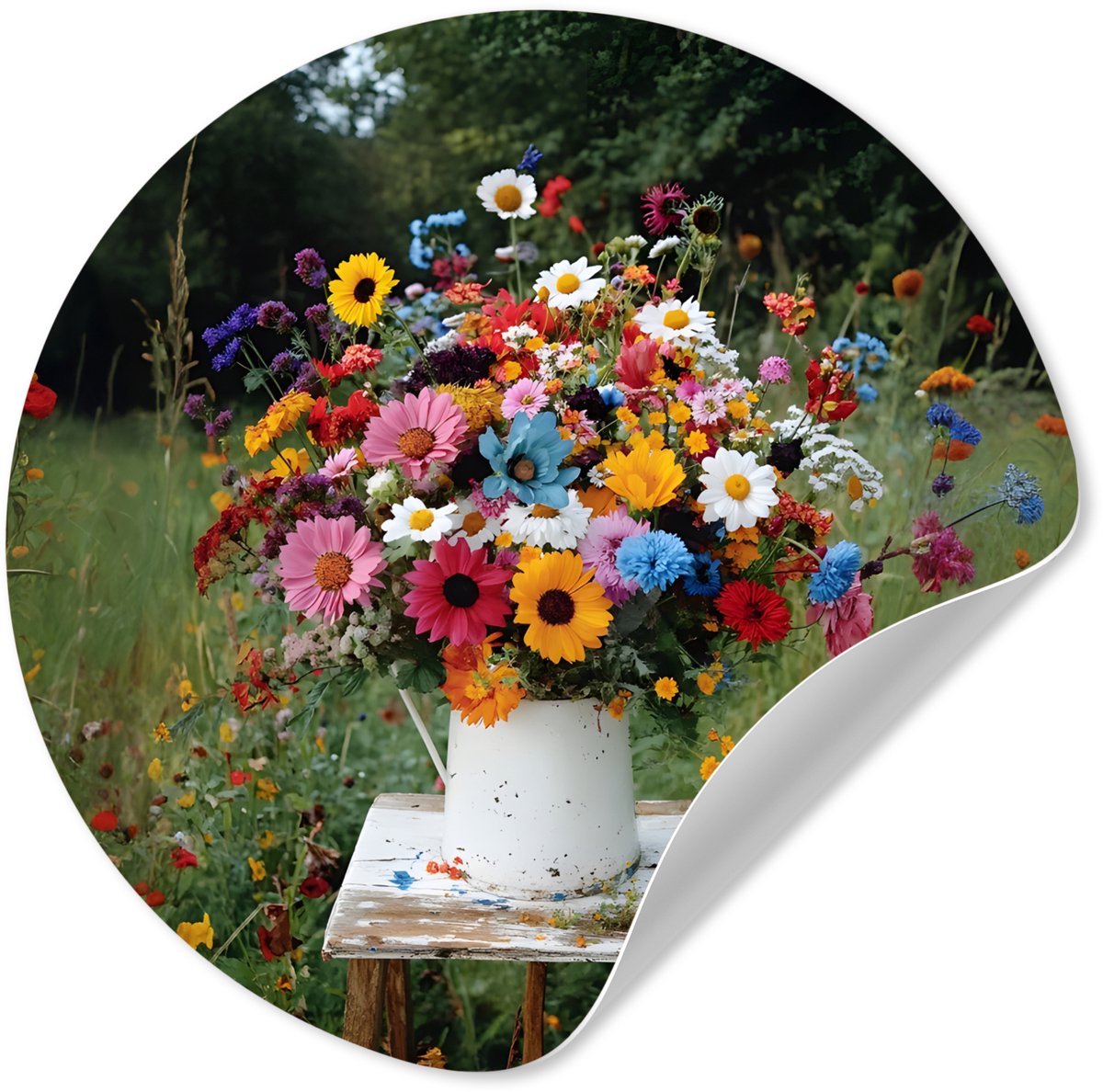 WallCircle® - Behangcirkel 120x120 cm - Muurstickers Bloemen - Krukje - Gieter - Veld - Mu