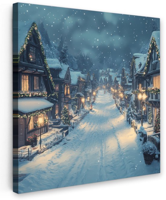 Tuinschilderij voor buiten 50x50 cm - Tuindecoratie Kerstdorp - Kerst - Sneeuw - Winter - Tuinposter op canvas - Tuin muurdecoratie - Buitenschilderij decoratie - Schutting wanddecoratie - Buitencanvas - Kerstversiering - Kerstdecoratie