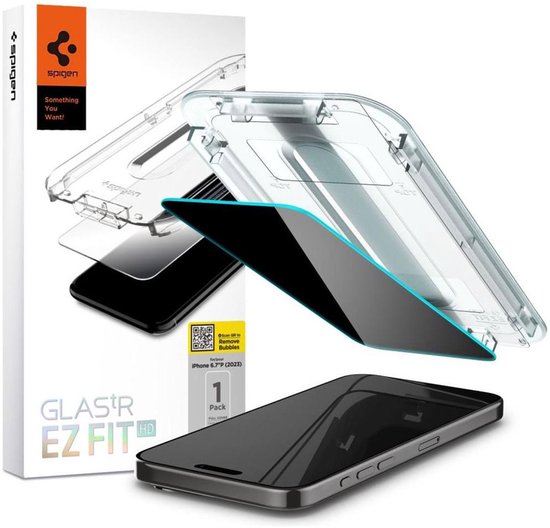 Spigen Verre de confidentialité adapté pour Apple iPhone 15 Pro Max - EZ Fit GLAS.tR - Protecteur d'écran en Tempered Glass 9H - Compatible avec les coques - Installation facile - 1 paquet