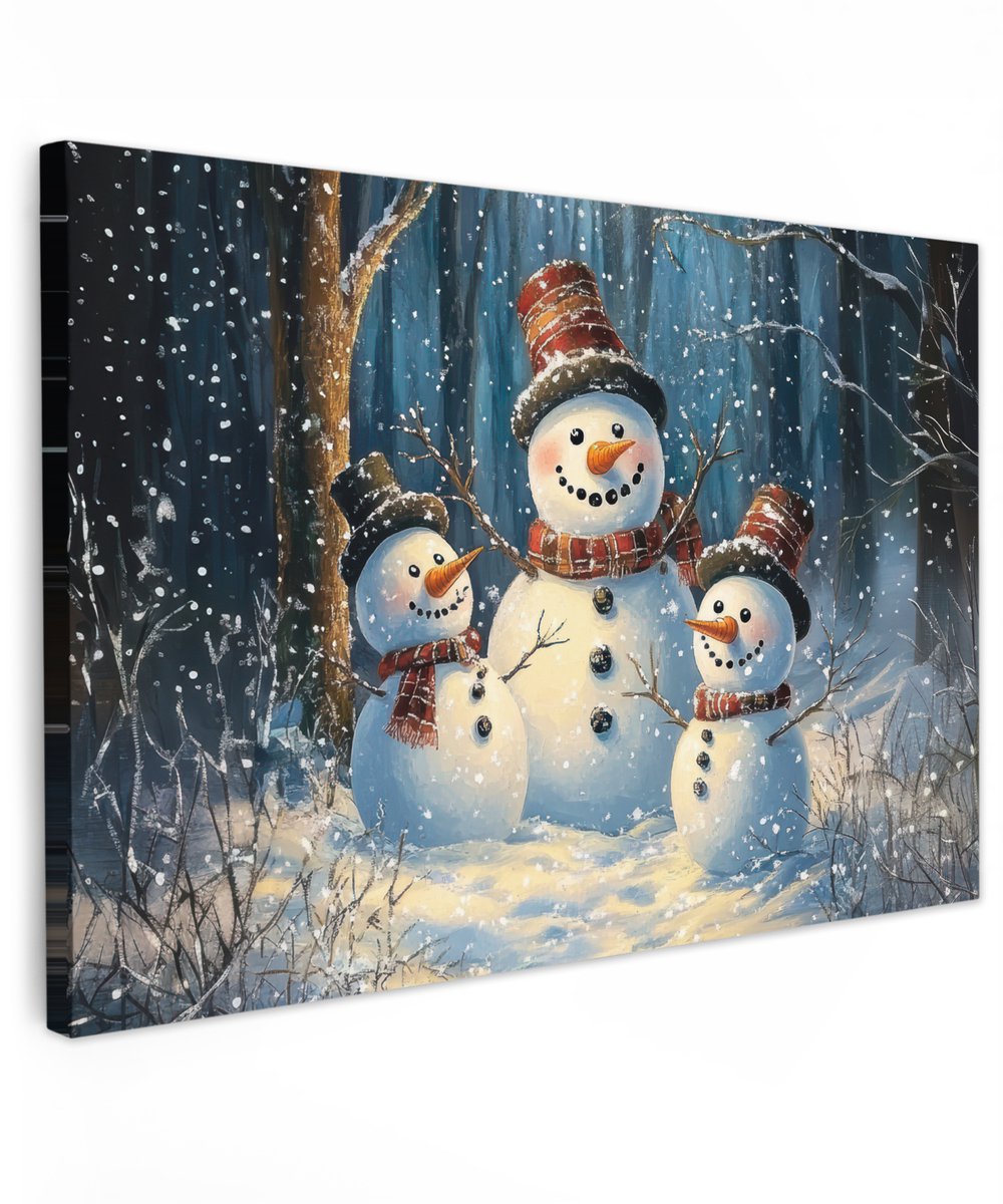 Tuindecoratie Sneeuwpop op canvas voor buiten, winterthema, 60x40 cm.