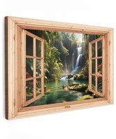 Tuinschilderij voor buiten 120x80 cm - Tuindecoratie Waterval - Doorkijk - Jungle - Landschap - Natuur - Lichtbruin raam - Tuinposter op canvas - Tuin muurdecoratie - Buitenschilderij decoratie - Schutting wanddecoratie - Buitencanvas