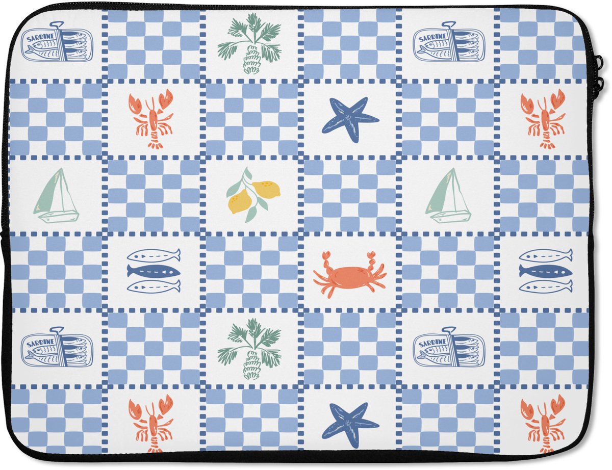Laptophoes 17 inch - Zee - Sfeer- Mozaïek - Blauw - Laptop sleeve - Binnenmaat 41x28 cm - Zwarte achterkant