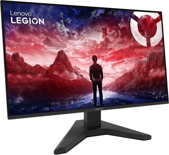 Schuine weergave van een zwarte Lenovo Legion monitor met een achtergrond van rode en blauwe bergen.