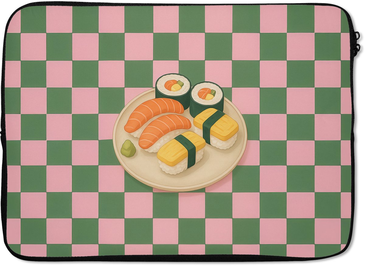 Laptophoes 13 inch - Sushi - Bord - Geblokt - Groen - Laptop sleeve - Binnenmaat 32x22,5 cm - Zwarte achterkant