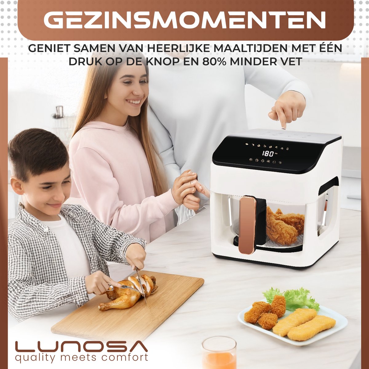 Afbeelding 2 van Lunosa Airfryer glas wit - heteluchtfriteuse - airfryer kookboek - air fryer - heteluchtoven - PFAS VRIJ - inclusief receptenboek