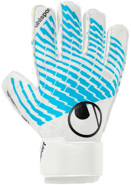 Witte keepershandschoen met blauwe bliksemstrepen en zwart Uhlsport logo.