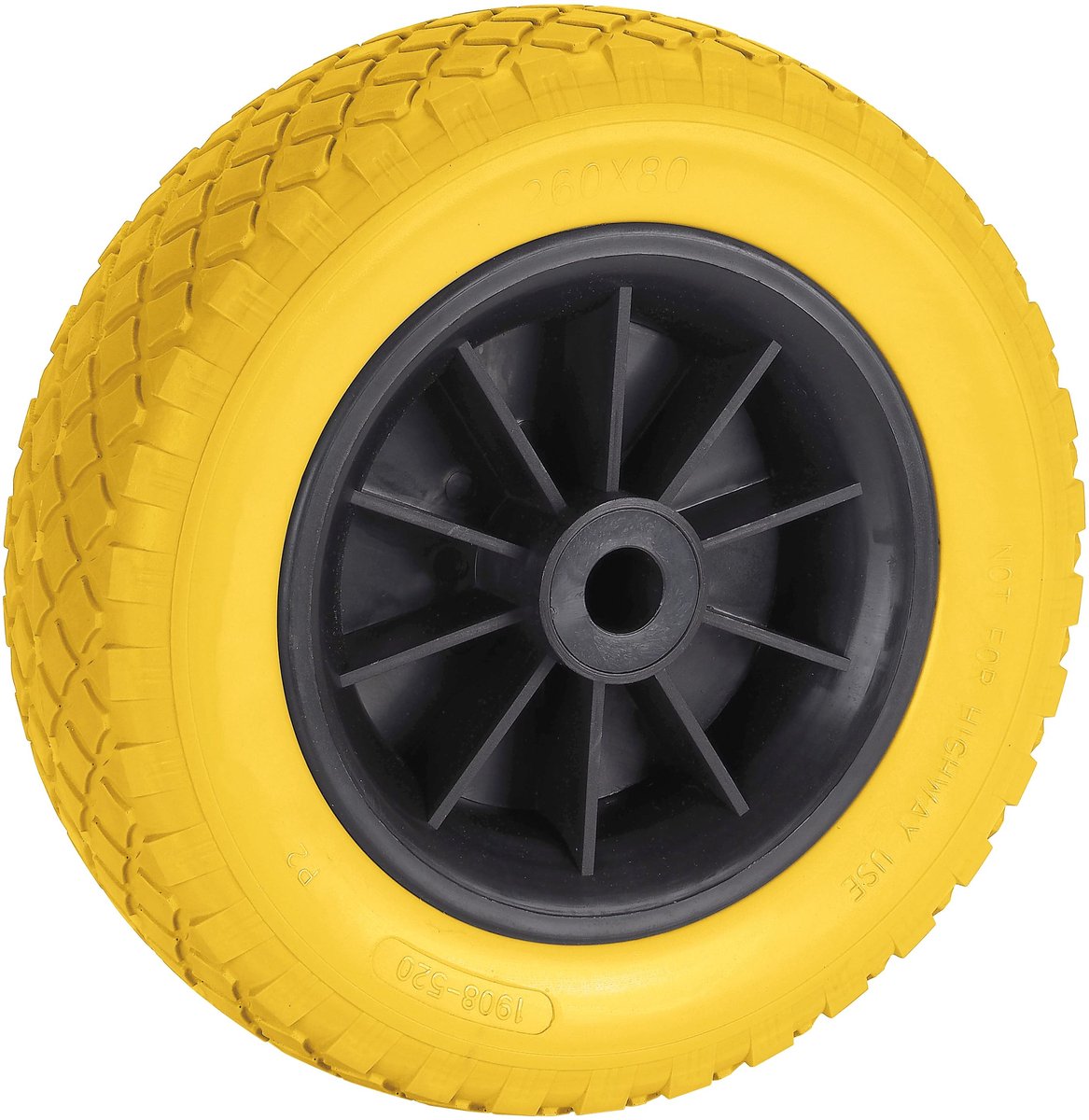 Lekvrij PU wiel 260x80x20mm Gl, naaf 75mm, KS velg zwart, band geel