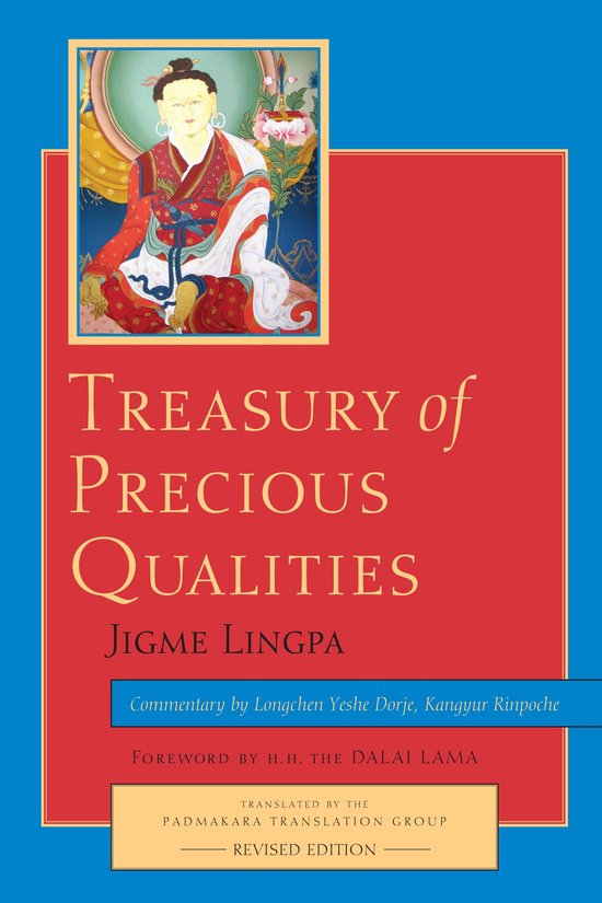 Boek 'Treasury of Precious Qualities' met een Tibetaanse afbeelding op de omslag.