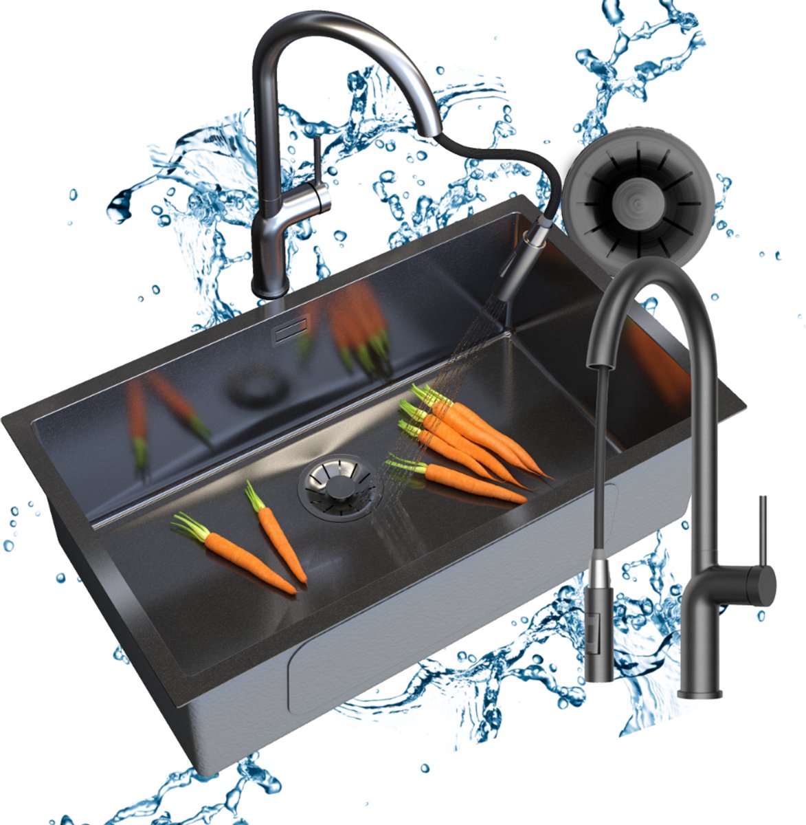 Granitan Spoelbak Keuken RVS Silvo75 - Spoelbakken Keuken Zwarte - met Sifon en Kraan - Wasbak Keuken - 75x45cm