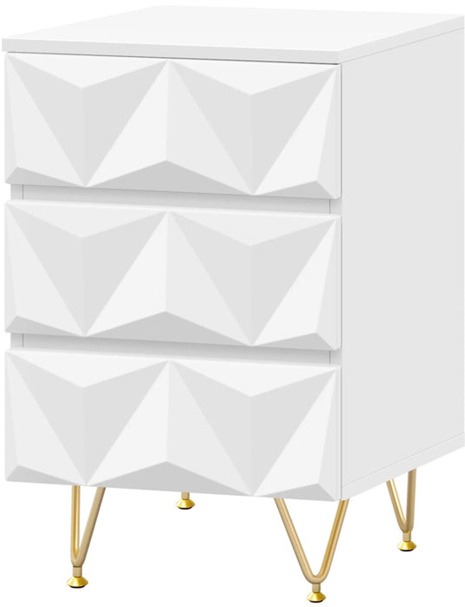 Corenia Nachtkastje – 3D-Effect Laden – Opbergkast met 3 Lades – Modern & Stijlvol – Metalen Poten – 40x53x40 cm – Wit