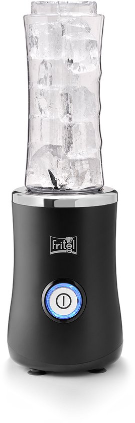 Zwarte Fritel blender met een beker gevuld met ijsblokjes.
