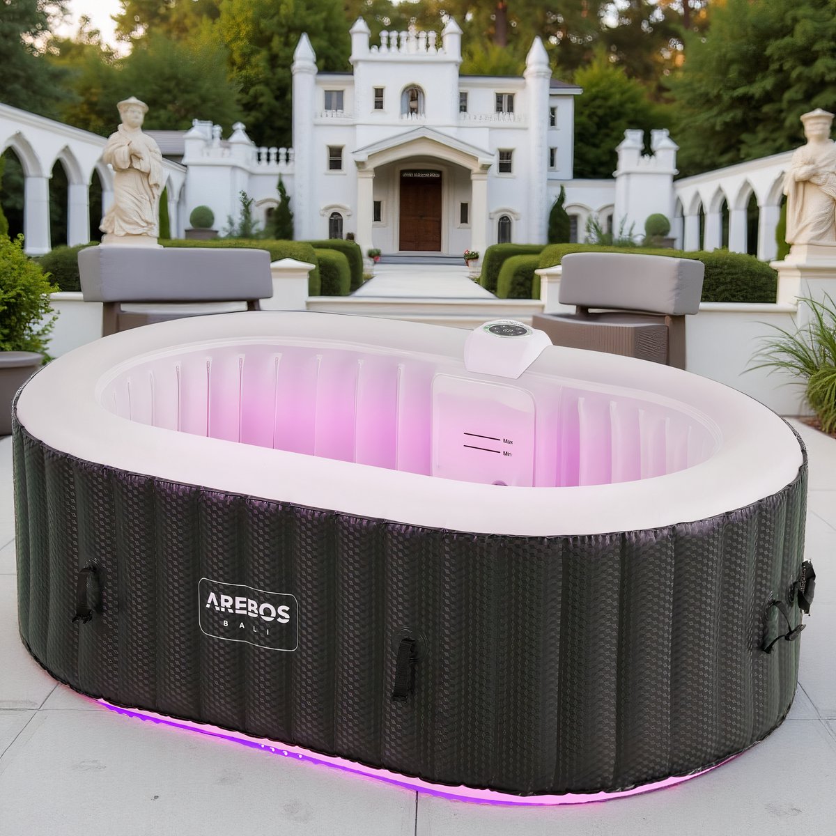 Opblaasbare Ovale Whirlpool met LED Verlichting – 2 Persoons – 90 Bubbelstralen – 2400W – Ø 180 x 120 x 65 cm – Inclusief Afdekking, Grondzeil & Filterpomp