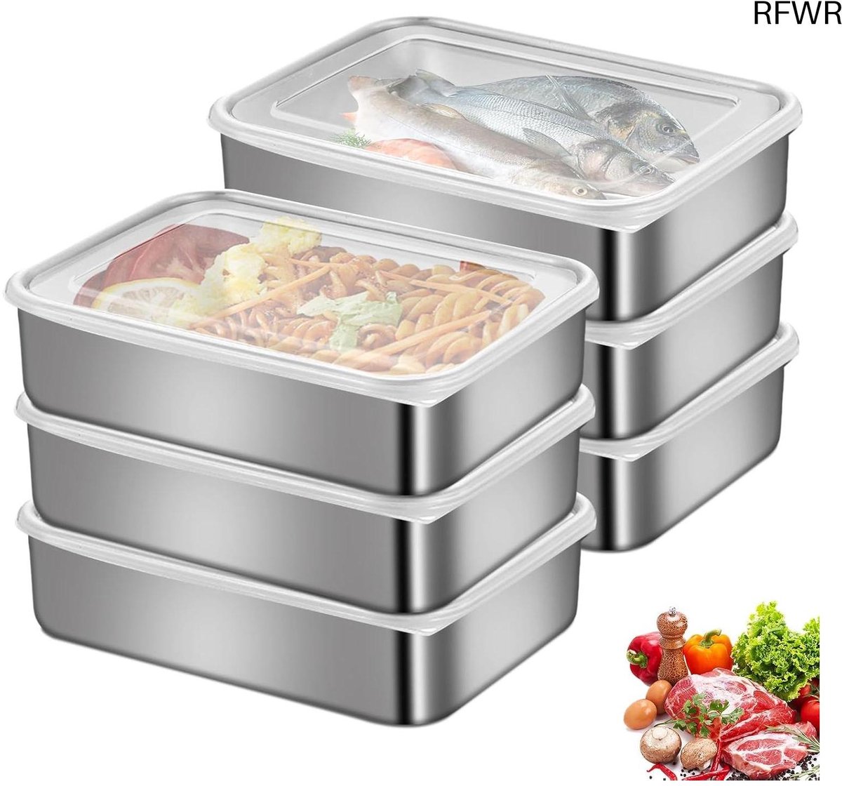 RFWR® 6 Vleeswarendozen voor Koelkast - Ruimtebesparende Voedselopbergdozen van Roestvrij Staal - Ideaal voor Kaas, Vlees en Fruit