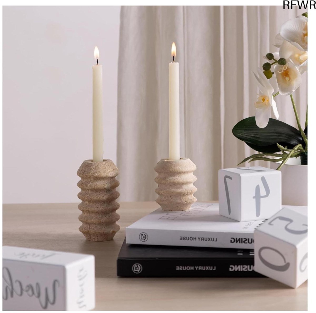 RFWR® Set van Twee Marmeren Kaarsenhouders - Dinerkaarsstandaards voor Elegante Decoratie - 11 cm en 7 cm Hoog