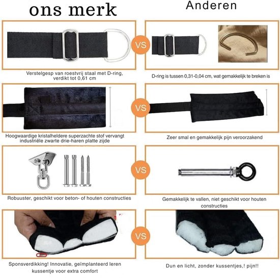 Vergelijking van een roestvrijstalen D-ring met een dunne, breekbare ring. Zwarte stoffen band met brede, zachte vulling tegenover een smalle, harde band. Stevige schommelophanging met schroeven en bouten tegenover een losse haken. Dik, comfortabel kussen tegenover dun kussen.