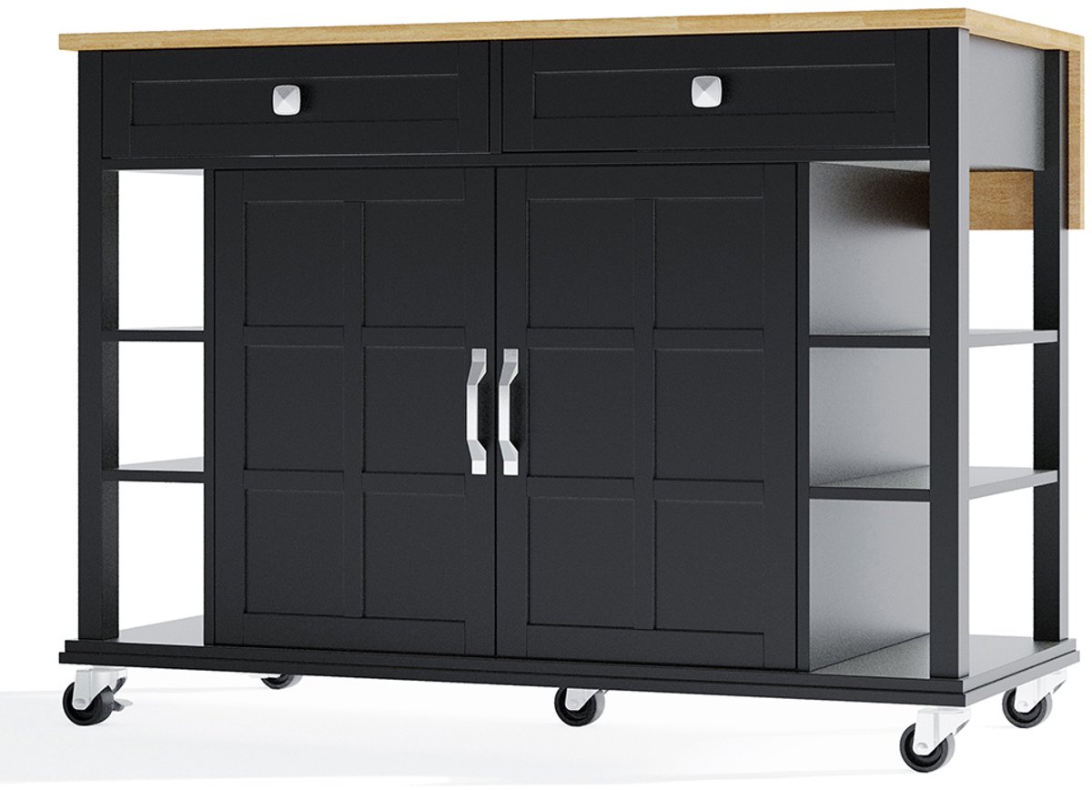 Desserte De Cuisine Mobile à Roulettes PUGSDRLY - Plateau Pliable, 2 Tiroirs - 112x40/70x94 Cm - Bleu, Blanc Ou Noir