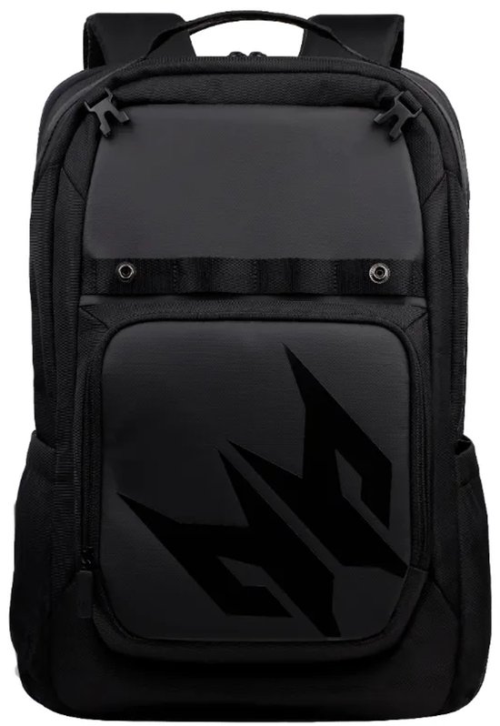 Zwarte rugzak met een groot, glanzend zwart Predator logo op de voorkant.