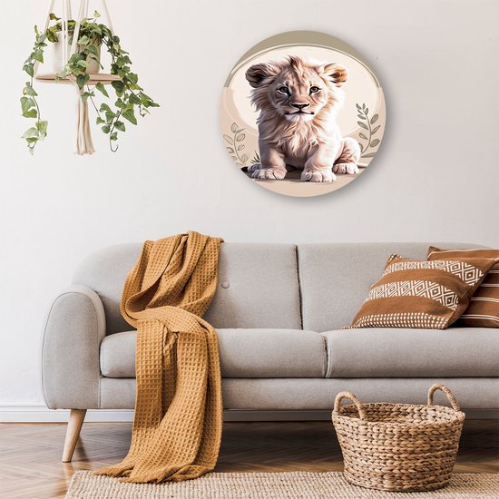 Schattige leeuwenwelp digitale kunst - Leeuw wanddecoratie rond - Ronde wandprint welp - Digital Art - Wandobject Forex rond - Kunstwerk - muurcirkel forex 90x90 cm