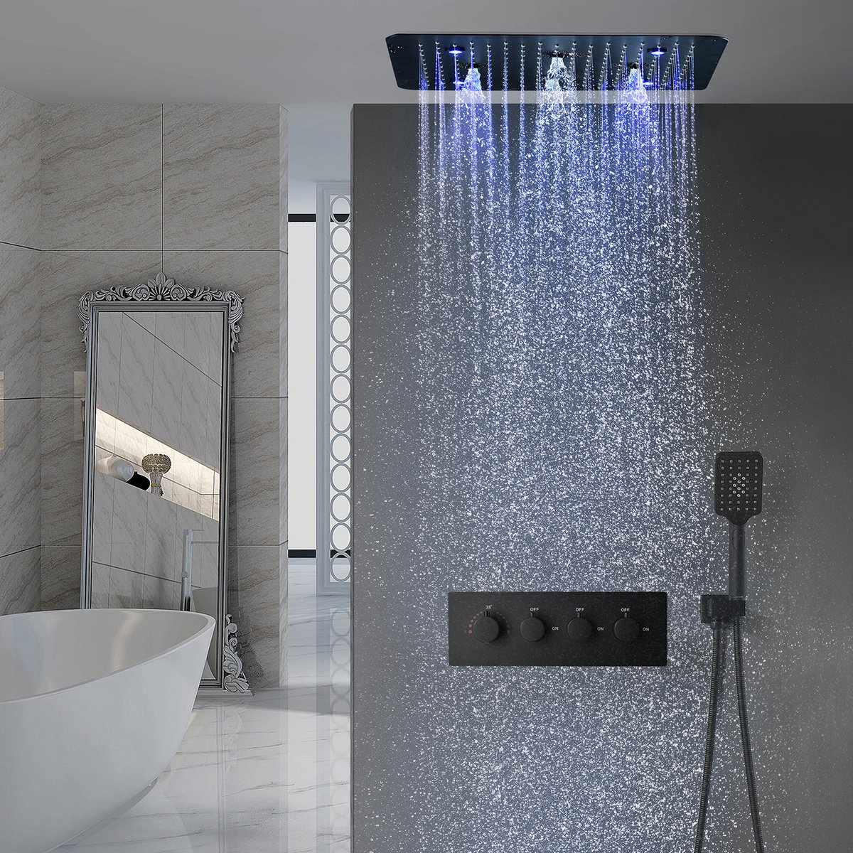 Oihpaw douchesysteem multifunctionele LED-thermostaat doucheset, 50 x 50 x 0,8 cm, met regenfunctie, handdouche, LED-kleurentherapie, 6 LED-lichtkleuren